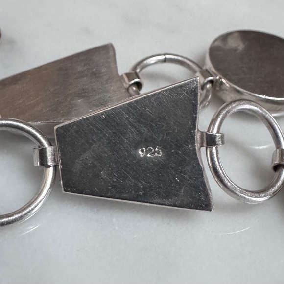 925 Sterling Silver Round & Trapezoid Shape Abalone Chain Link Toggle Bracelet - Picture 12 of 13